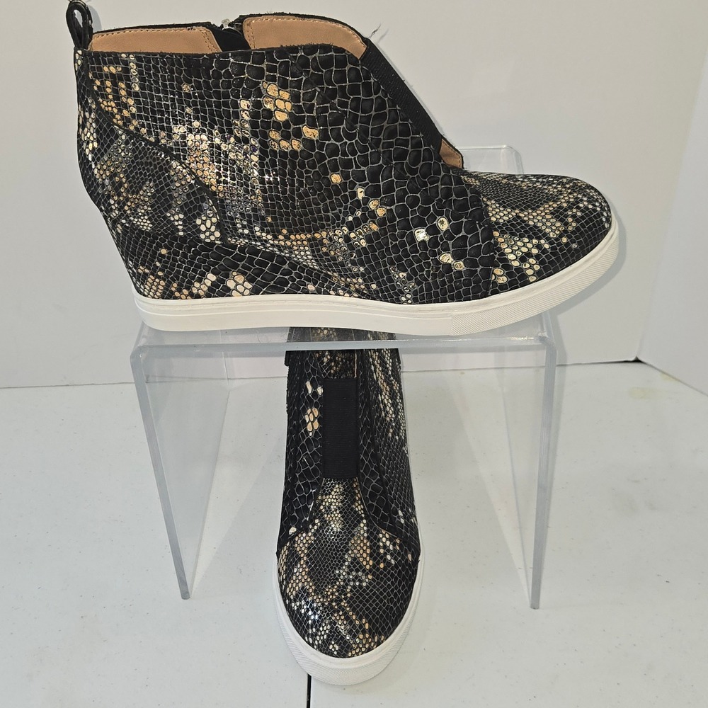 Linea Paolo Womens Wedge Sneakers Black Gold Snakeskin Size 9M High Top